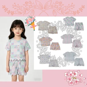 Girls Colorful Flowers Short Scallop Clothes Sets