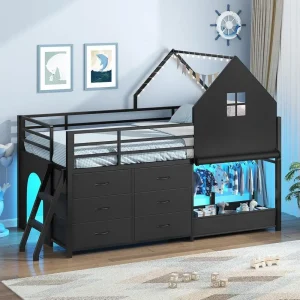 Twin-Size Low Loft Bed with Kids Clothing Rack, Play Tent