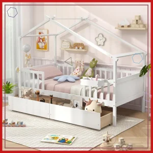 Kids Twin House Bed with Drawers, Montessori Wooden Frame Storage